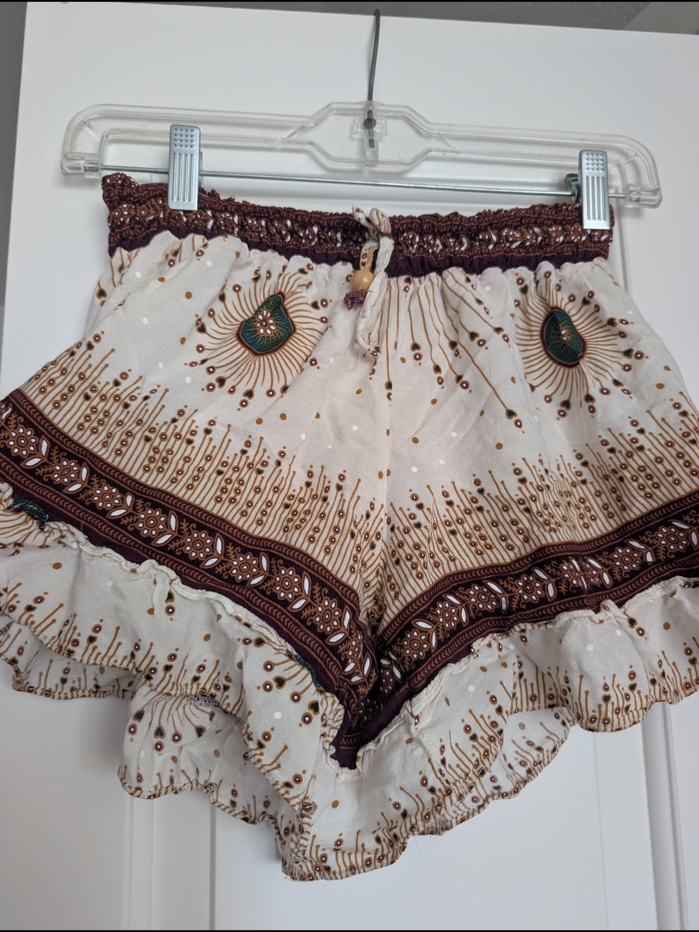 Boho High-Waist Cream Printed Ruffle Shorts